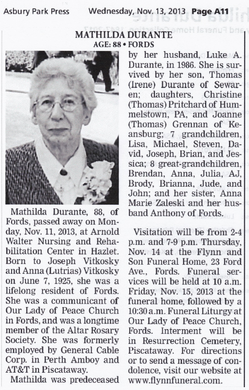 Mathilda Vitkosky Durante Obituary