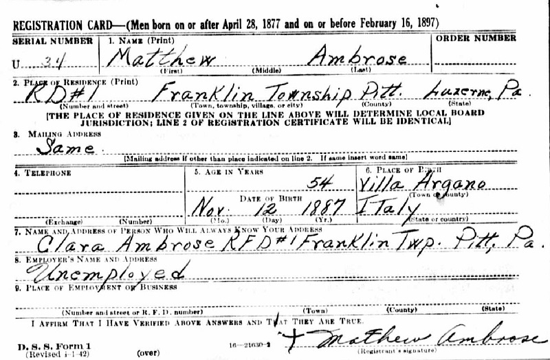 Matteo Abruzzese (Ambrose) WW2 Draft Registration