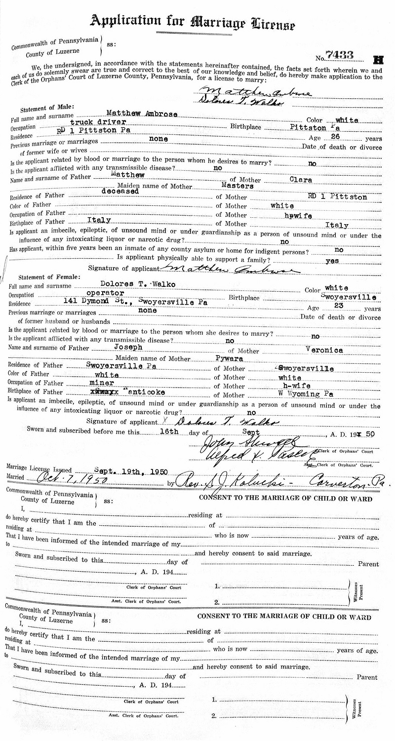 Matthew Ambrose Jr. and Dolores Walko Marriage