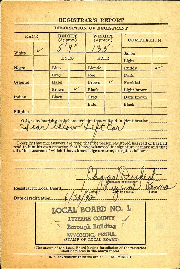 Matthew Ambrose Jr. WW2 Draft Registration