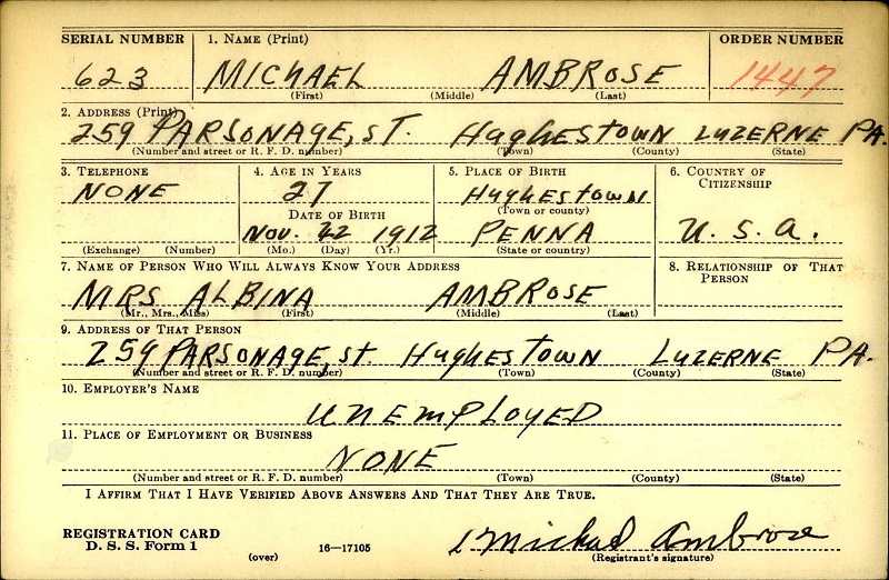 Michael Ambrose WW2 Draft Registration