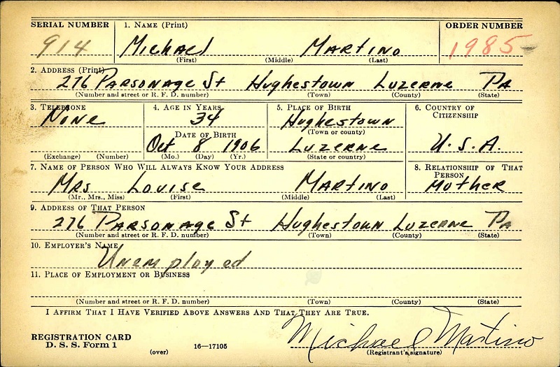 Michael DeMartino World War II Draft Registration