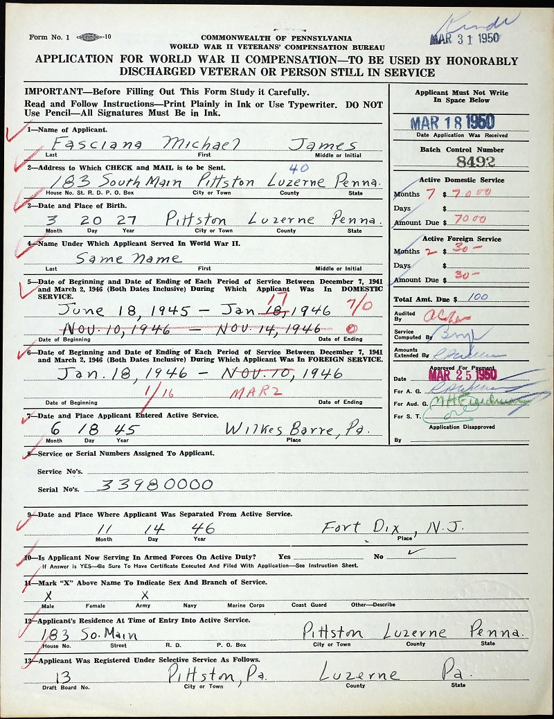 Michael J. Fasciana Military Service Record