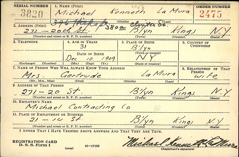 Michael LaMura World War II Draft Registration