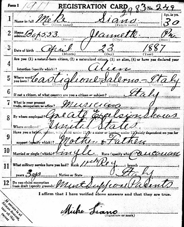 Michael Siano WW1 Draft Registration