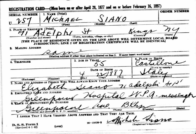 Michael Siano WW2 Draft Registration
