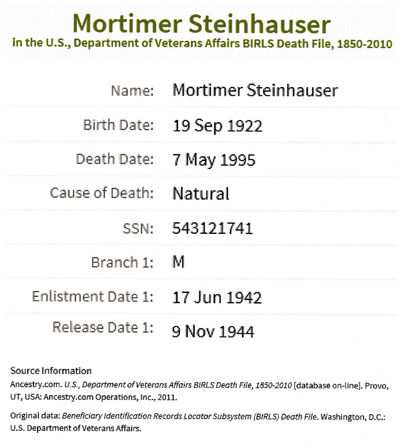 Mortimer Steinhauser Military Records
