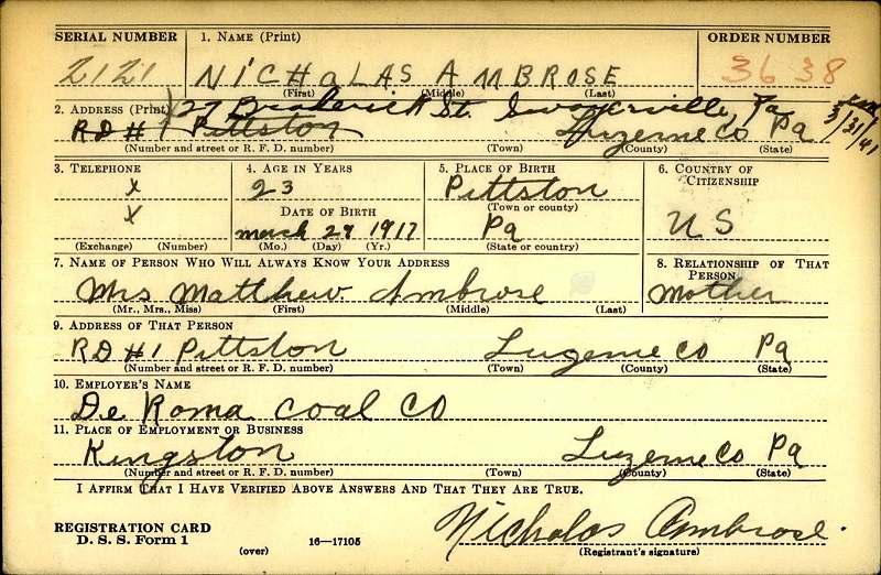 Nicholas Ambrose World War II Draft Registration