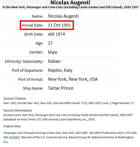 Nicholas Augenti Immigration Record