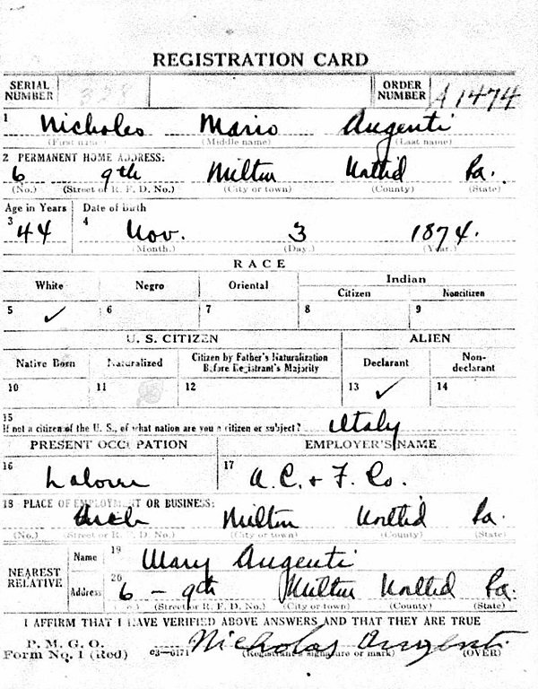 Nicholas Augenti World War I Draft Registration
