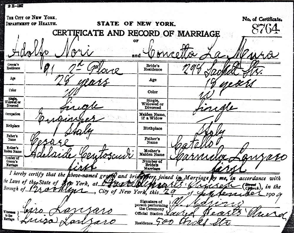 Adolph Nori and Concetta LaMura Marriage Certificate