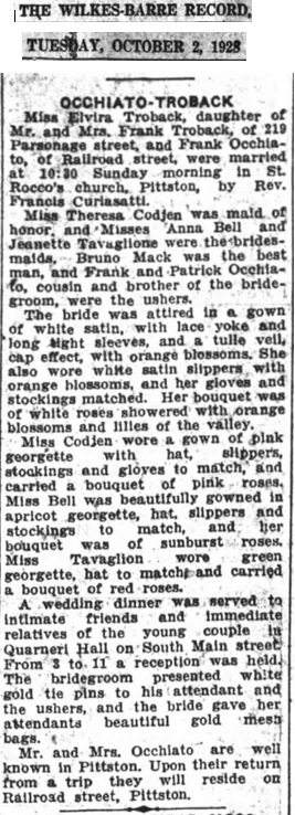 Elvira Trobacco and Frank Occhiato Marriage Record