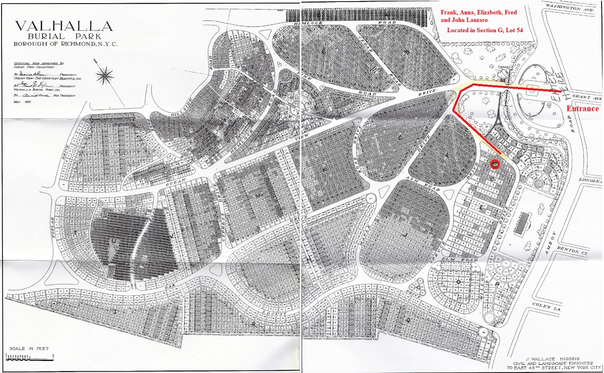 Lanzaro Family Grave at Ocean View Cemetery Map