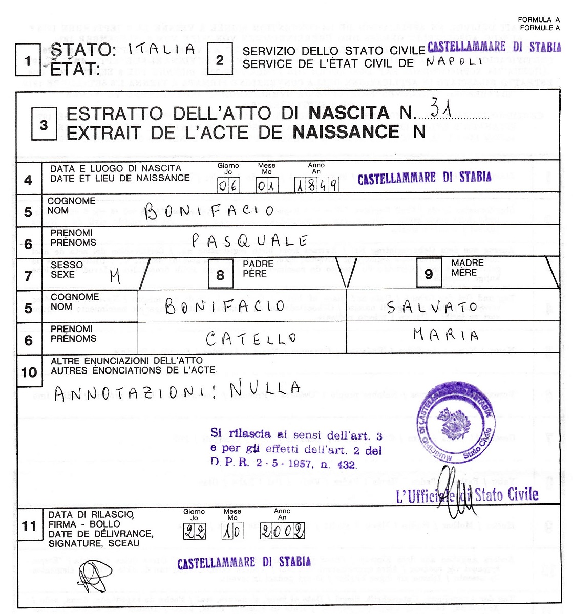 Pasquale Bonifacio Birth Extract