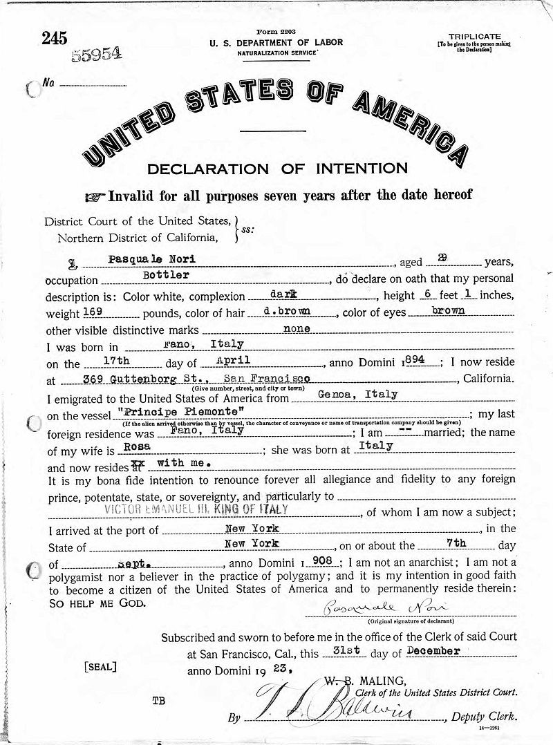 Pasquale Nori Naturalization Record