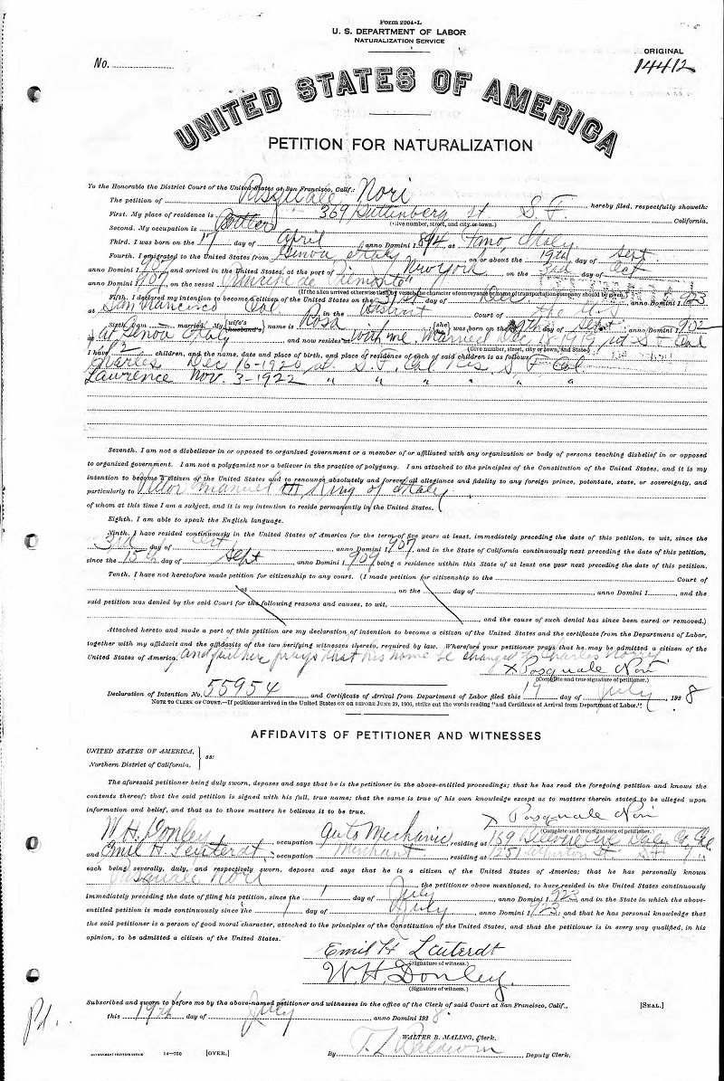 Pasquale Nori Naturalization Record