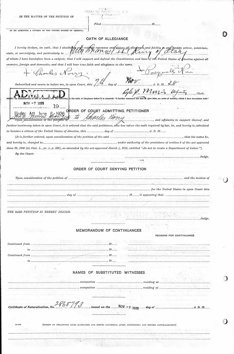 Pasquale Nori Naturalization Record