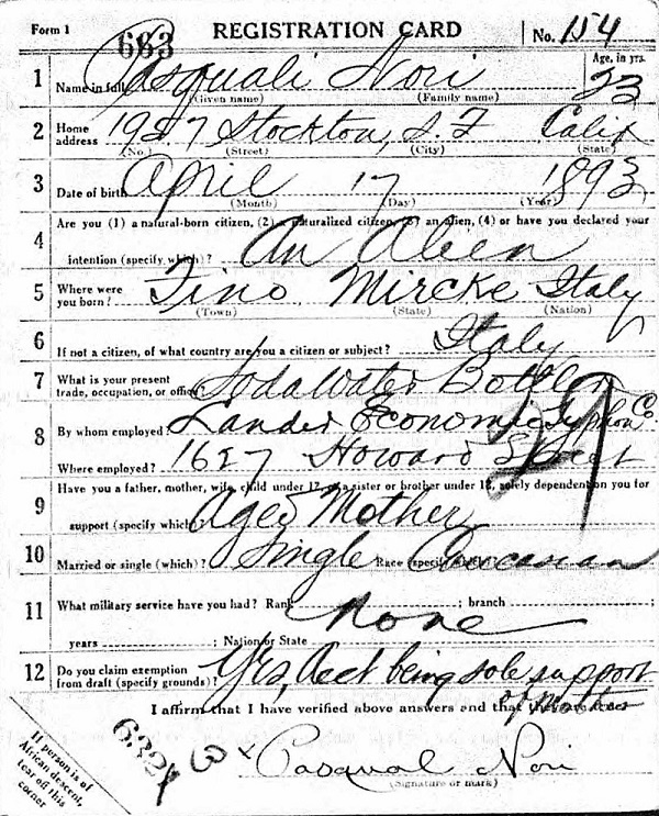 Pasquale Nori WW1 Draft Registration