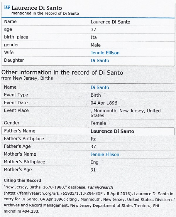 Pasqualine DiSanto Birth Record