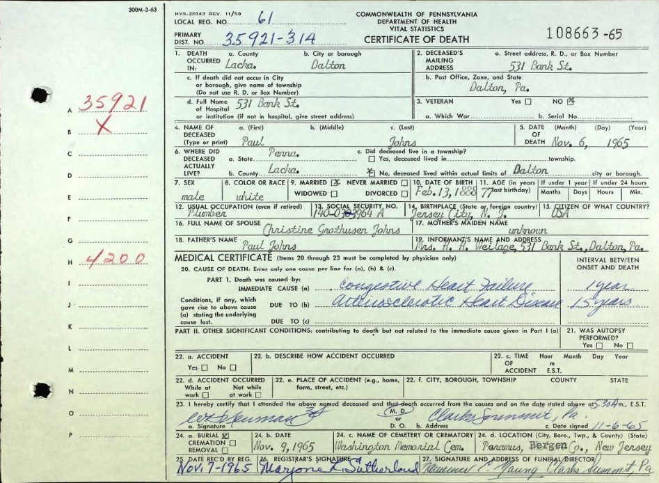 Paul Johns Death Certificate
