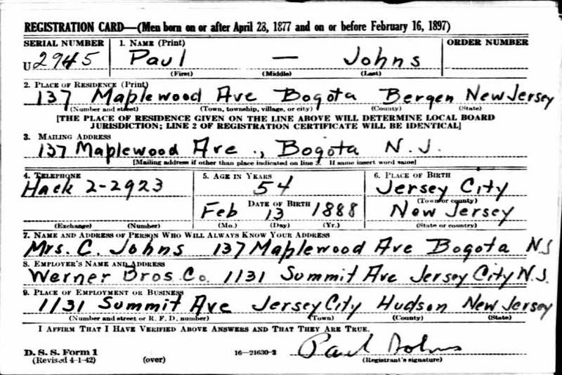 Paul Johns WW2 Draft Registration