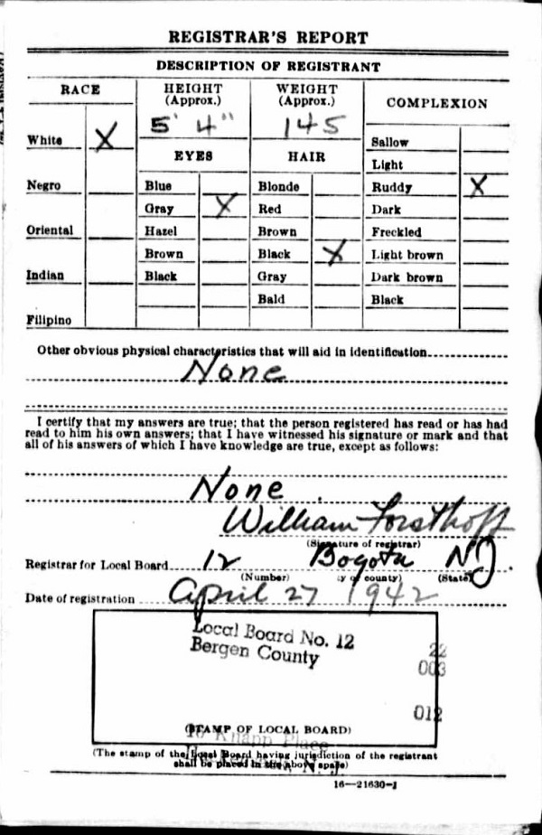 Paul Johns WW2 Draft Registration