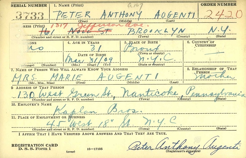 Peter Augenti World War II Draft Registration
