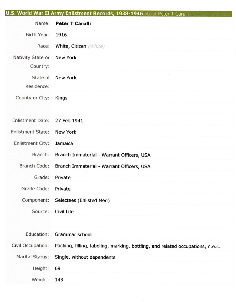 Peter Carulli Military Record