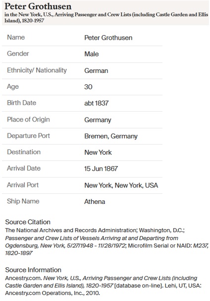 Peter Grothusen Immigration