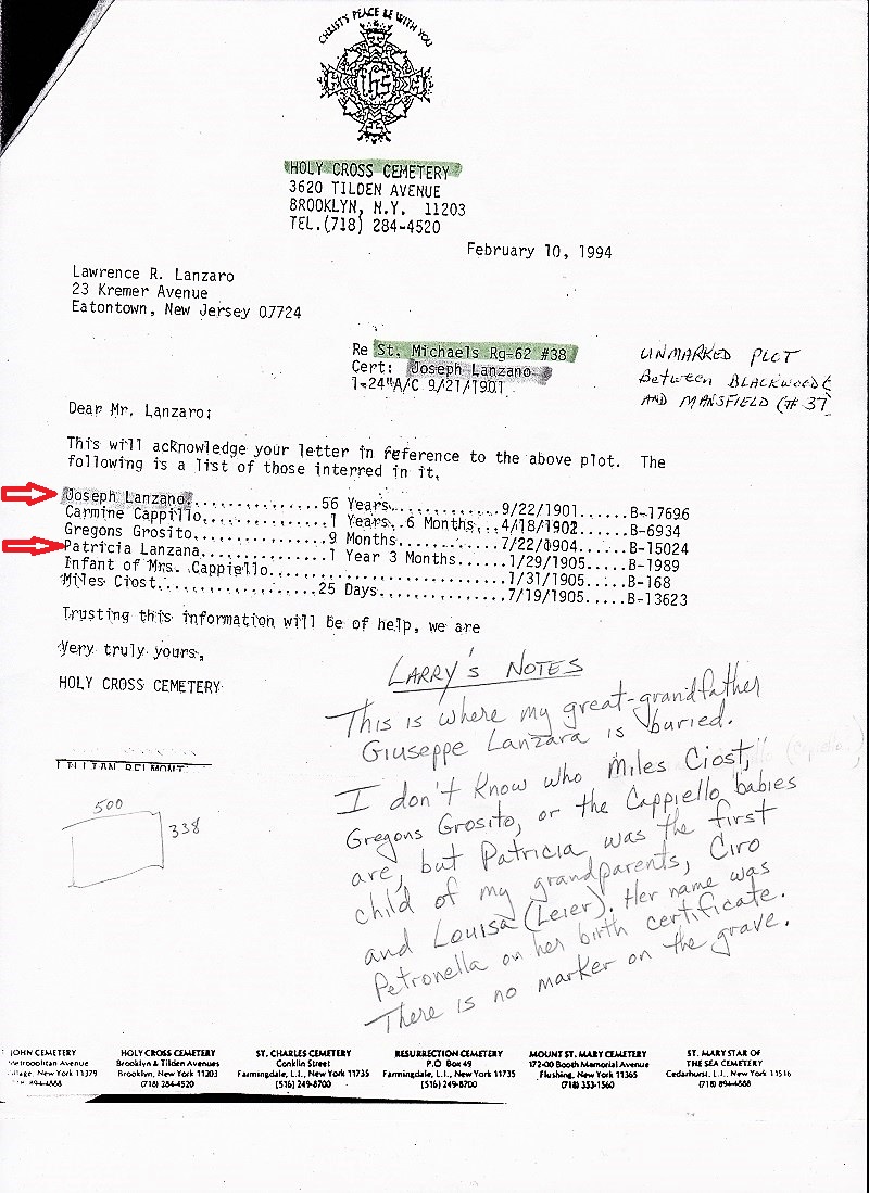 Letter describing Giuseppe Lanzara at Holy Cross Cemetery