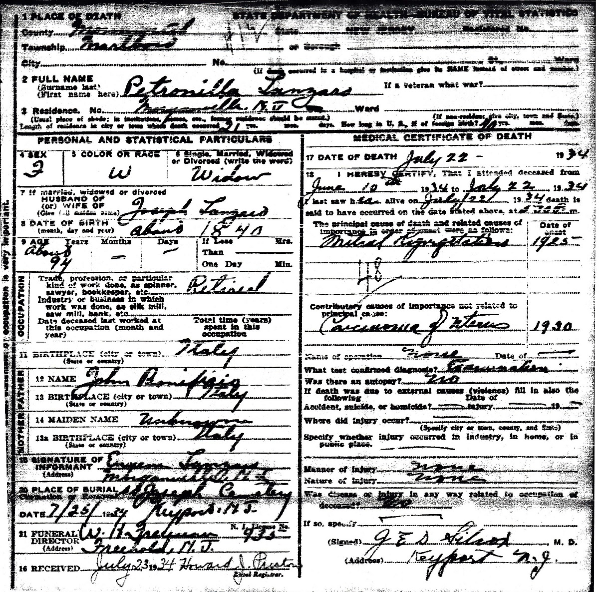 Petronilla Lanzaro Death Record