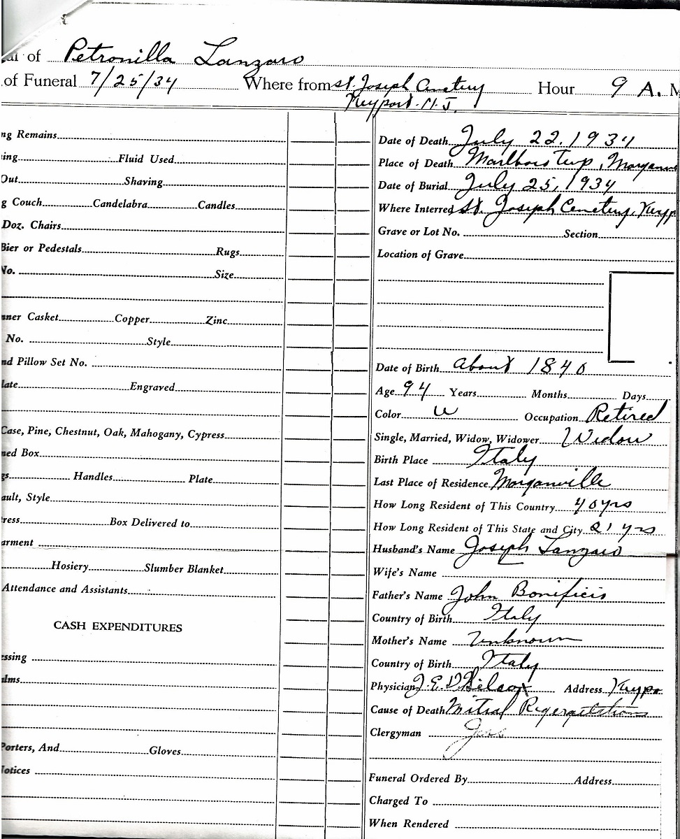 Petronilla Lanzaro Funeral Record
