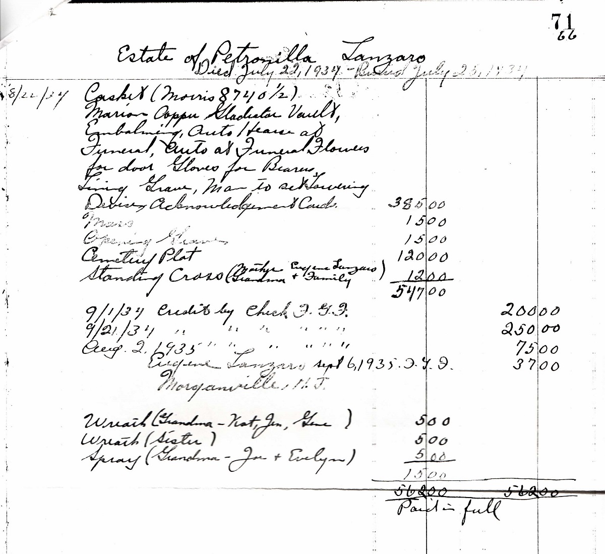 Petronilla Lanzaro Funeral Record