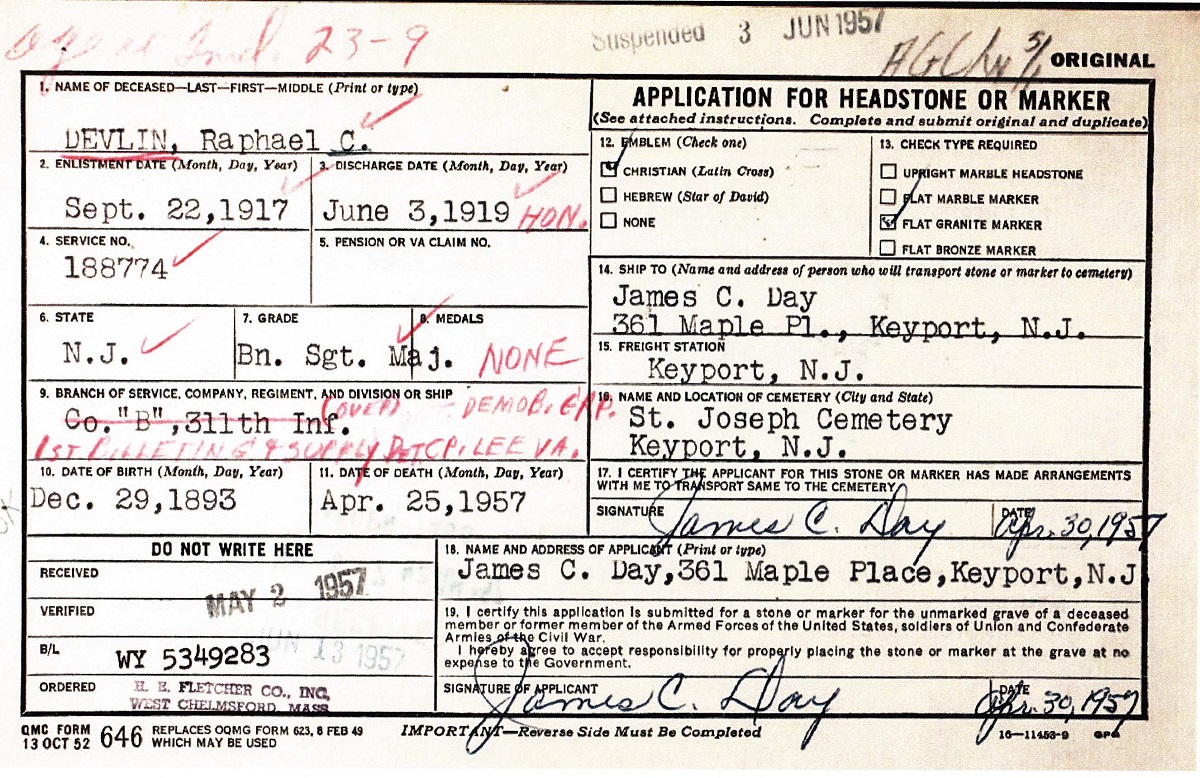 Raphael Charles Devlin Headstone Application