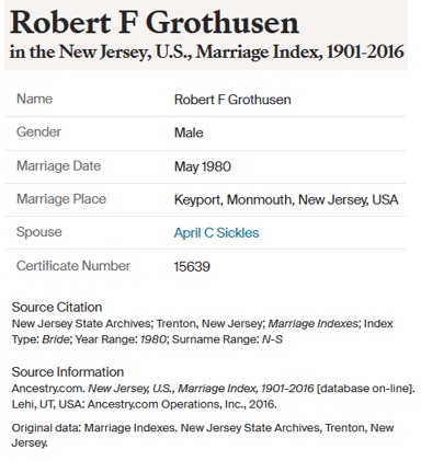 Robert Grothusen marriage to April Sickles 1980