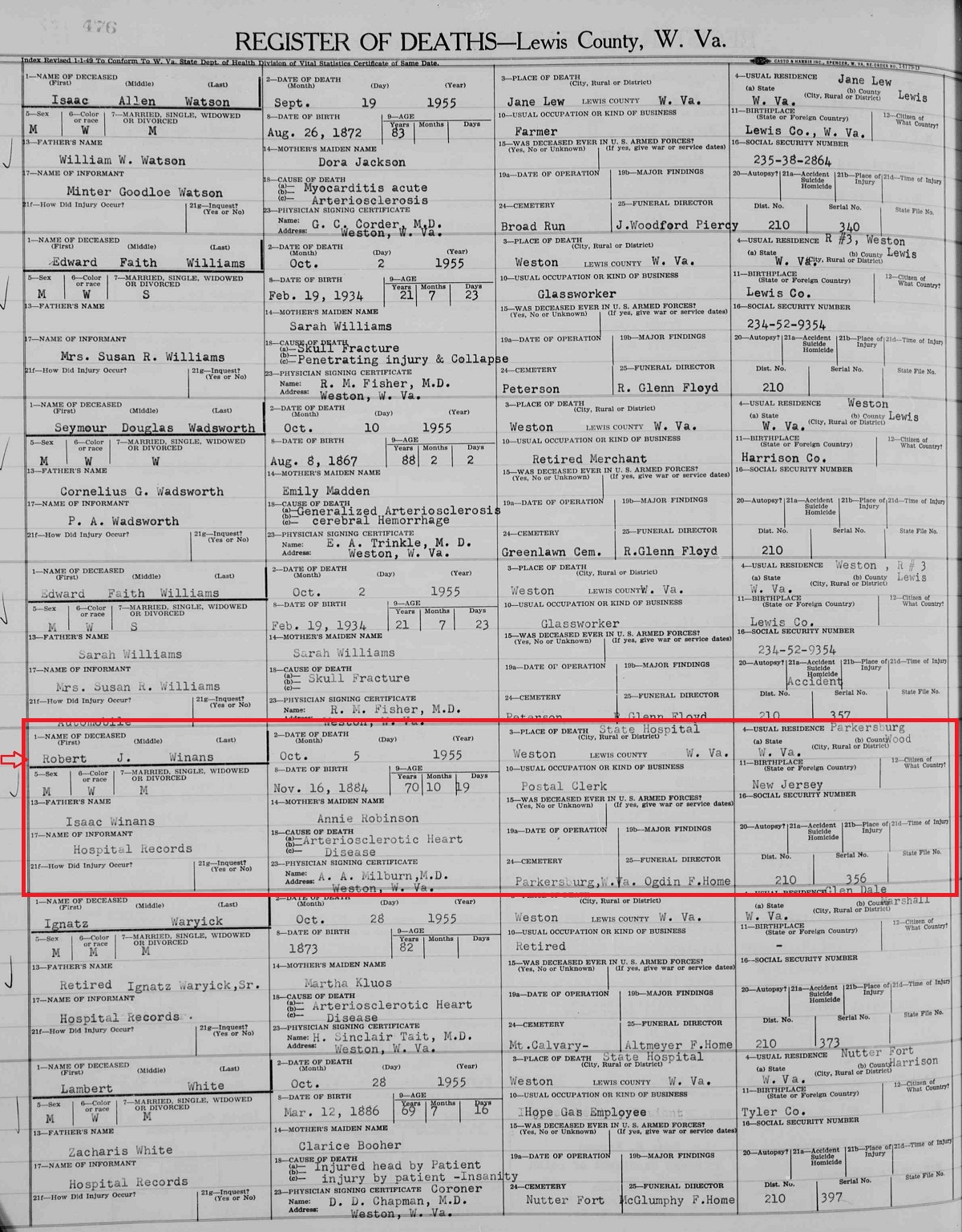 Robert J. Winans Sr. Death Record