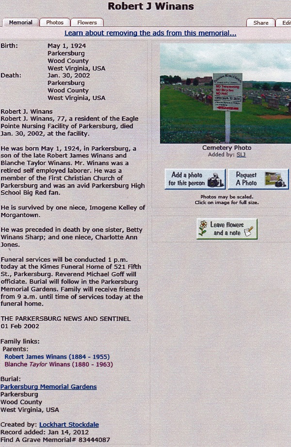 Robert J. Winans Jr. Cemetery Record