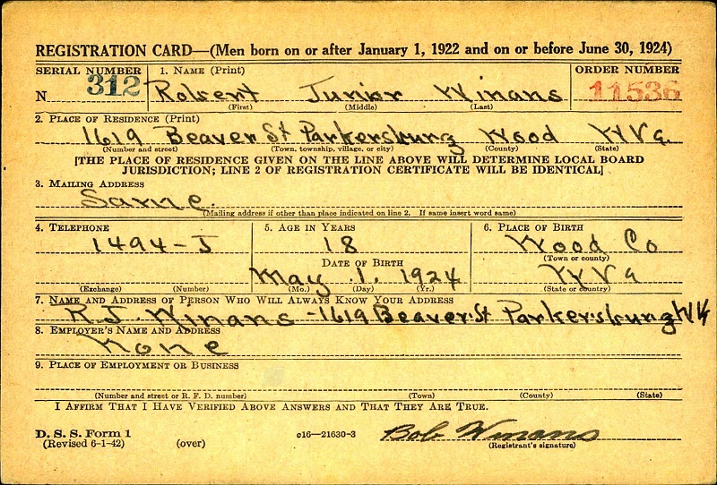 Robert James Winans, Jr. WW2 Draft Registration