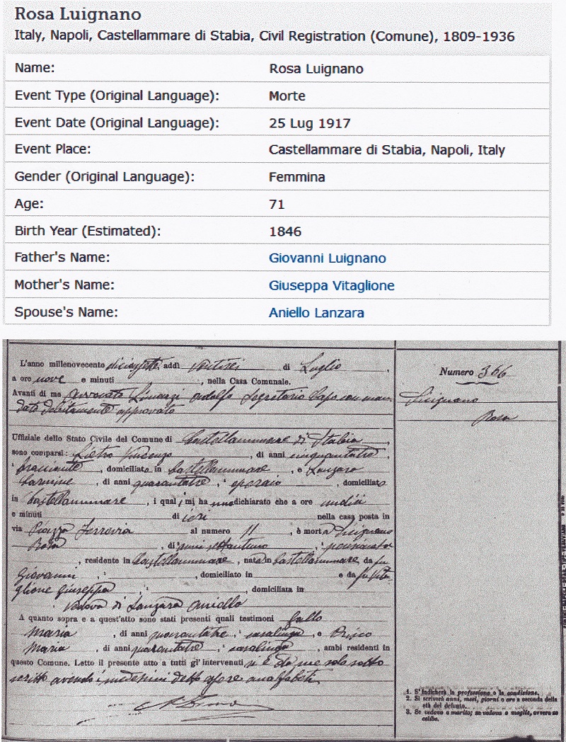 Rosa Sicignano Lanzara Death Record