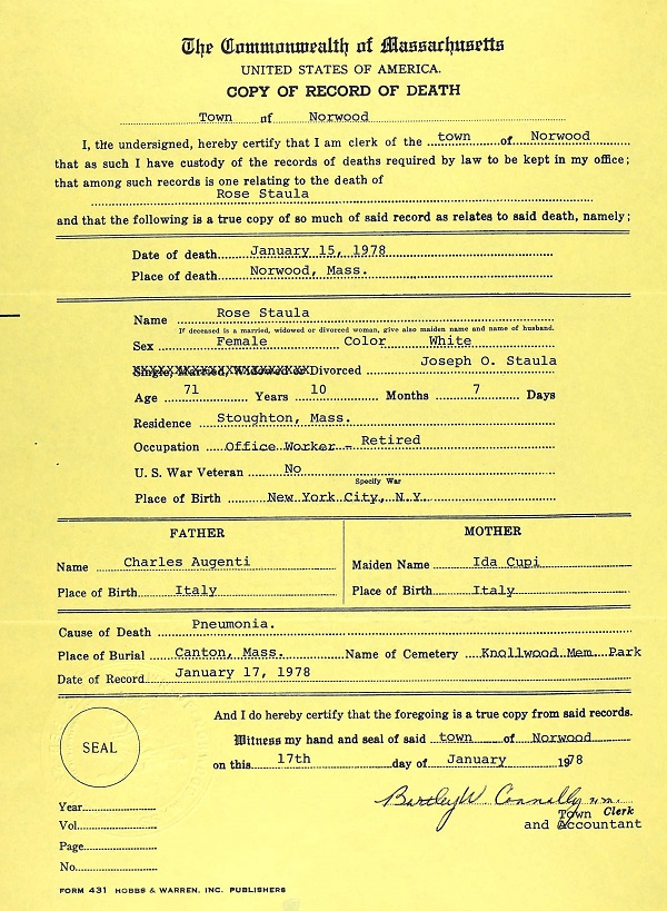 Rose Marie Augenti Staula Death Record