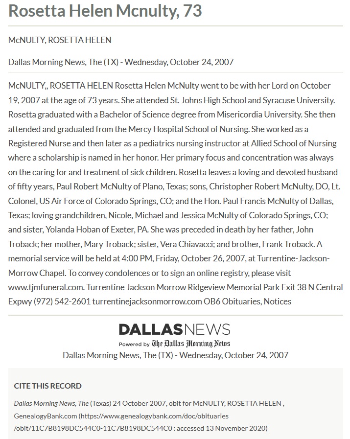 Rosetta Troback McNulty Obituary