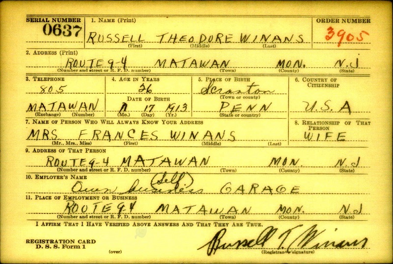 Jonathan Dayton Winans WW2 Draft Registration
