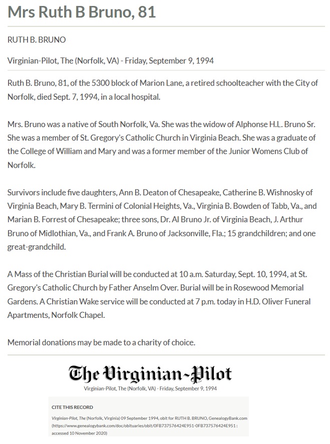 Ruth Butt Bruno Obituary