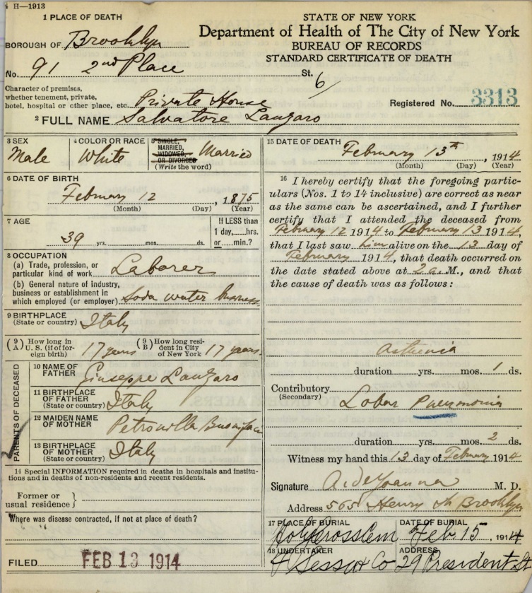 Salvatore Lanzaro death Certificate