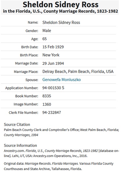 Sheldon Ross and Genowefa Moniuszko Marriage Record