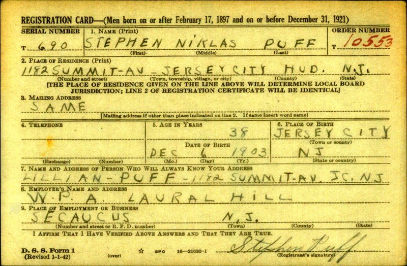 Stephen Puff WW2 Draft Registration