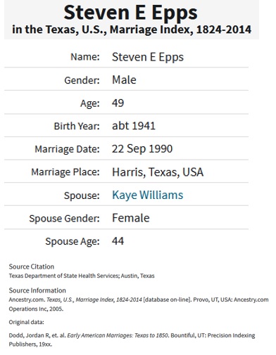 Steven Errol Epps and Kaye Williams Marriage