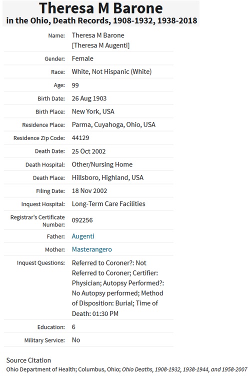 Maria Theresa Augenti Barone Death Index