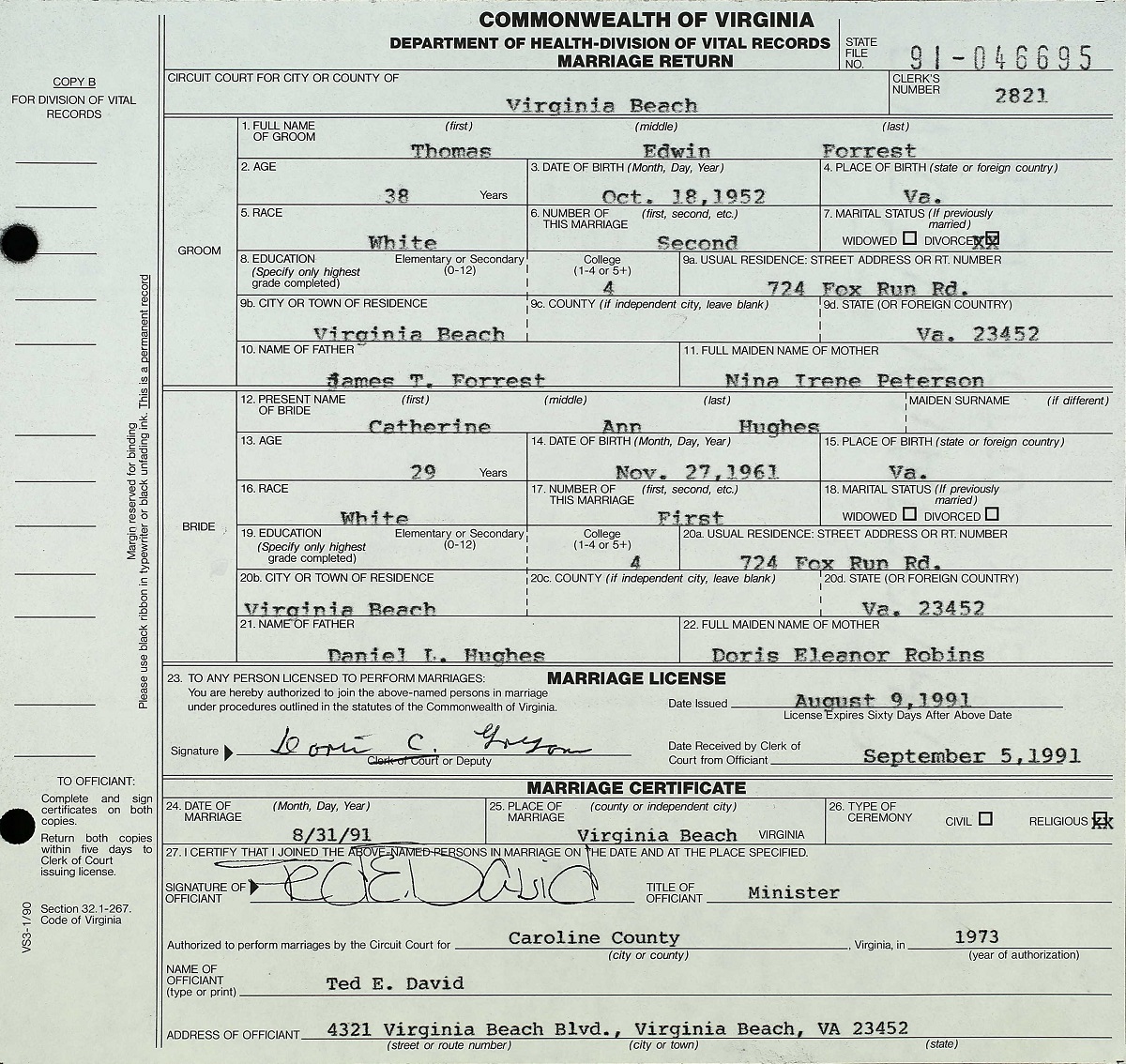 Thomas Edwin Forrest and Catherine Hughes Marriage Certificate