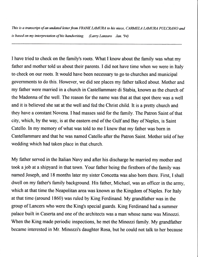 Frank LaMura's Letter Transcription Page 1